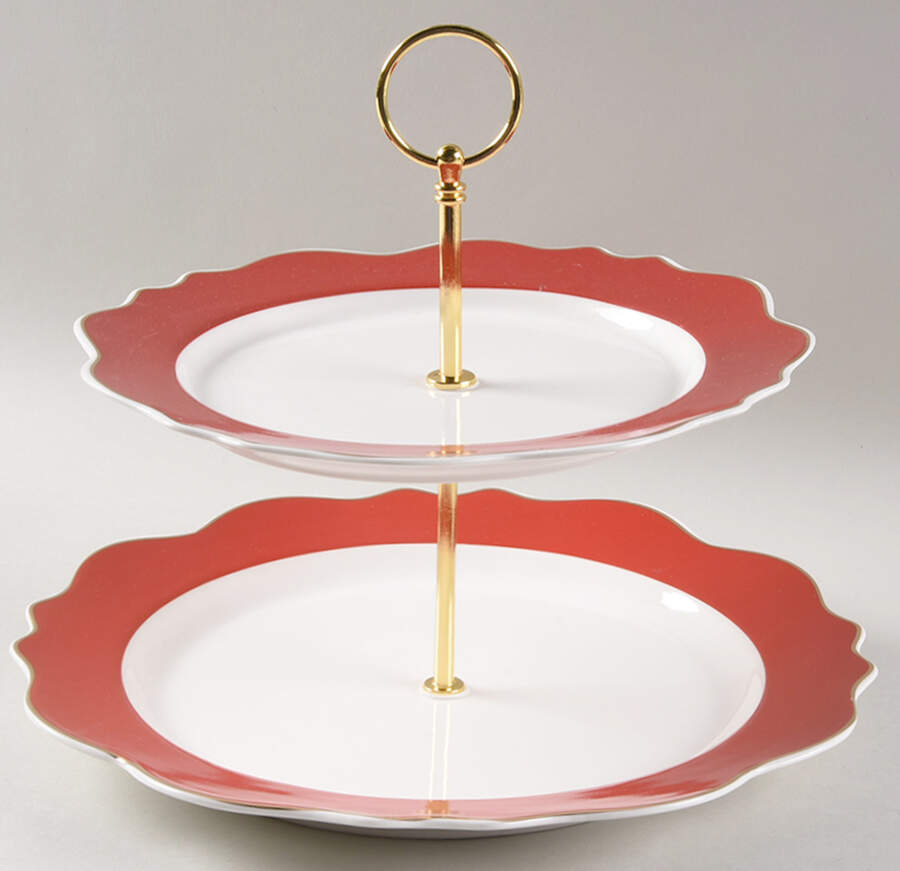 Red Band Scallop 2 Tiered Serving Tray (Dinner & Salad Plate) by Grace's Teaware-1