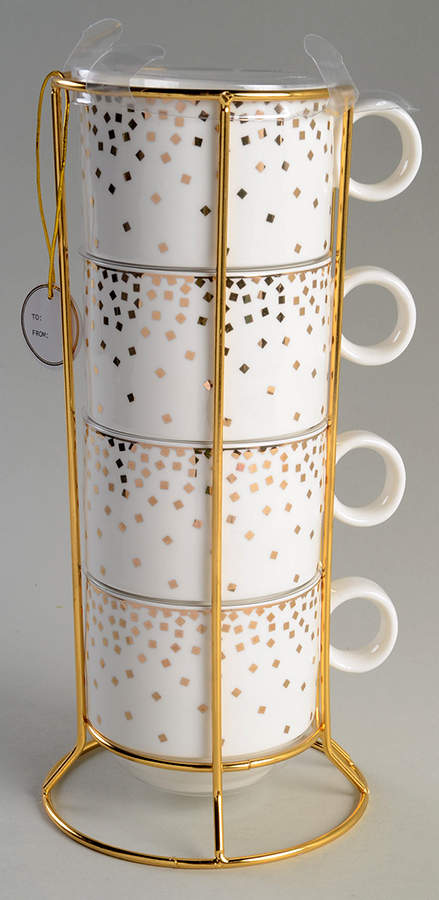 Gold Square Confetti Stackable Mug - Set of 4 & Metal Holder by Grace's Teaware-1