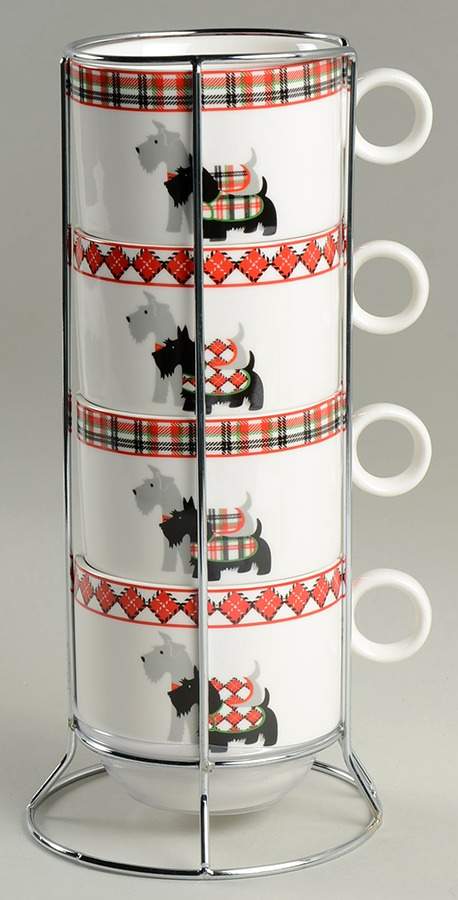 Scotty Dog Argyle Stackable Mug - Set of 4 & Metal Holder by Grace's Teaware-1