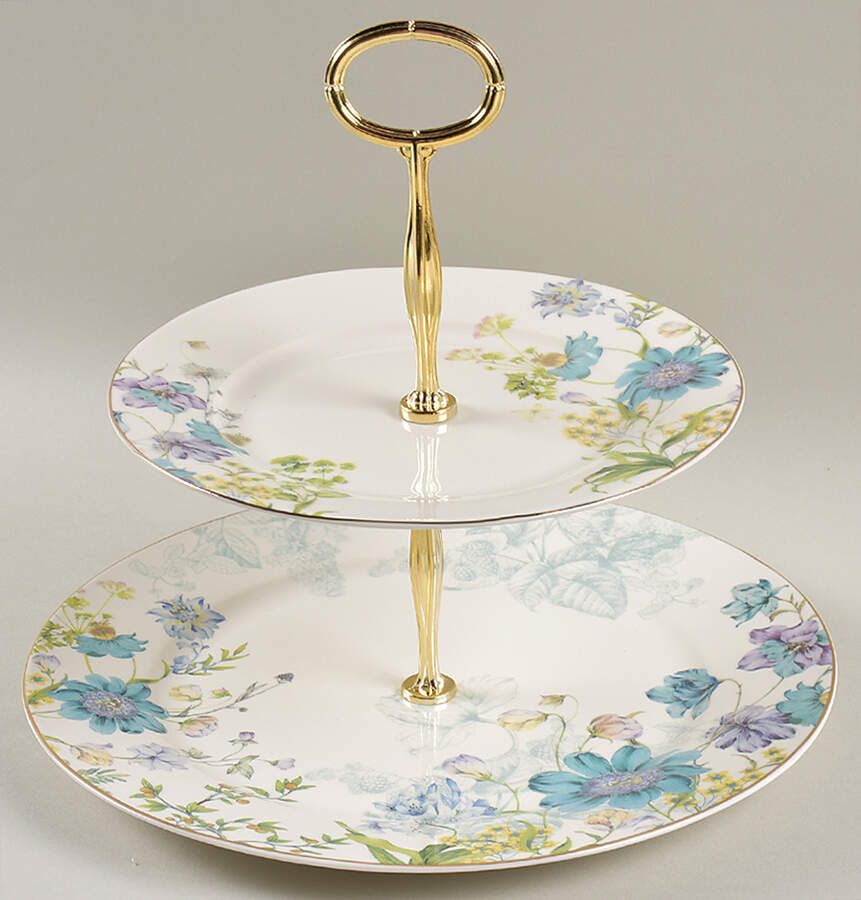 Blue Wild Floral 6 5/8"-10"  2 Tiered Serving Tray (Dp, Sp) HC by Grace's Teaware-1