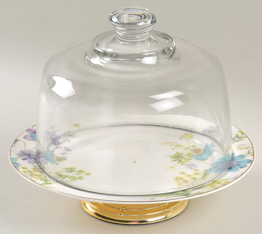 Blue Wild Floral 6 1/2"-7 1/2" Footed Cheese Plate w/ Glass Dome HC by Grace's Teaware-1