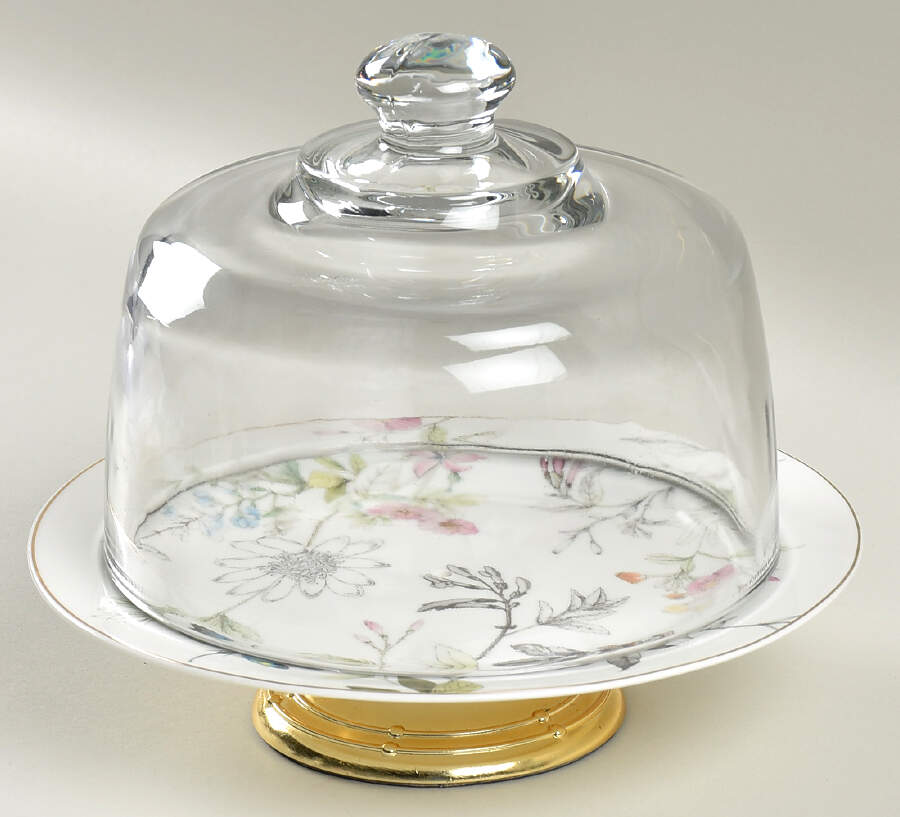 Dragonfly 6 1/2"-7 1/2" Footed Cheese Plate w/ Glass Dome HC by Grace's Teaware-1