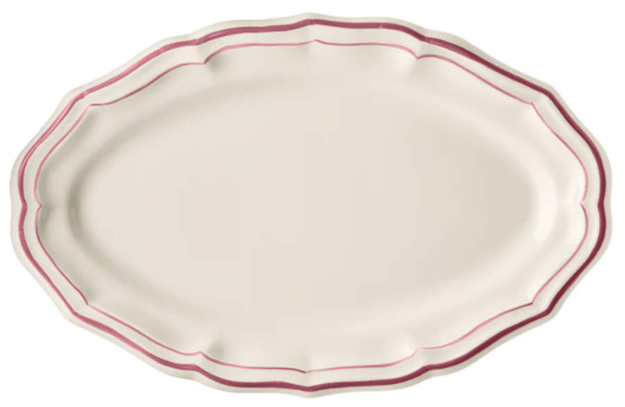 Filets Pivoine (Peony Pink) 16" Oval Serving Platter by Faiencerie De Gien-1