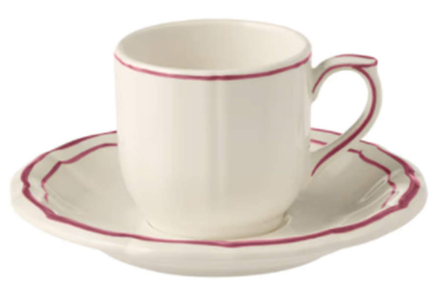 Filets Pivoine (Peony Pink) Flat Demitasse Cup & Saucer Set by Faiencerie De Gien-1
