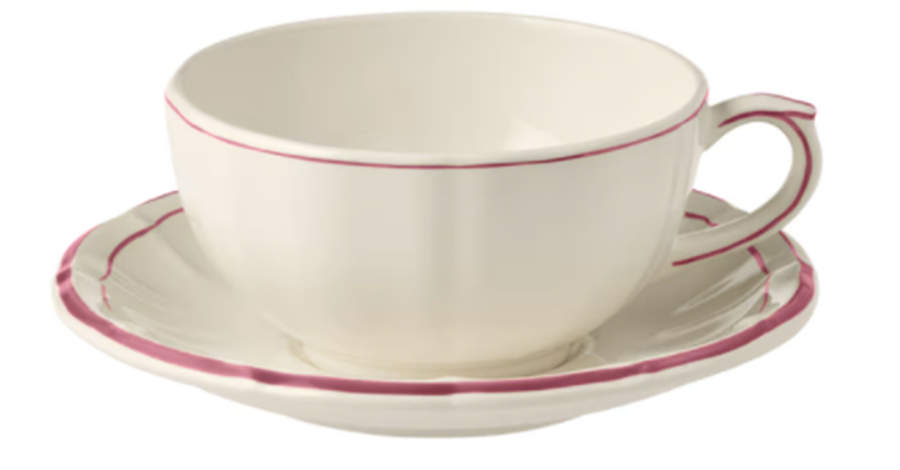 Filets Pivoine (Peony Pink) Breakfast Cup & Saucer Set by Faiencerie De Gien-1