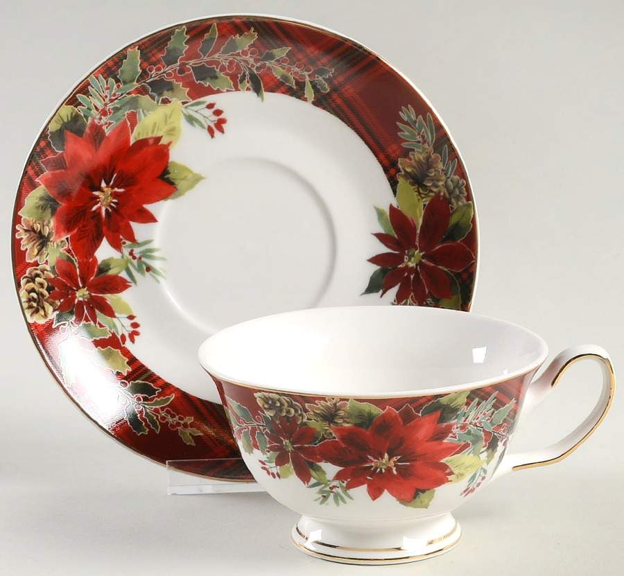Plaid Poinsettia Footed Cup & Saucer Set by Grace's Teaware-1