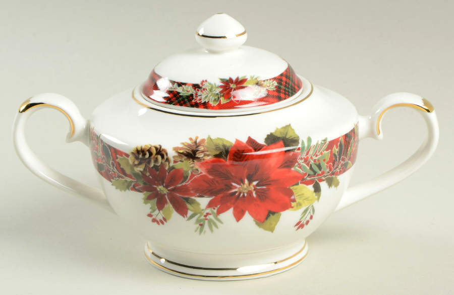 Plaid Poinsettia Sugar Bowl & Lid by Grace's Teaware-1