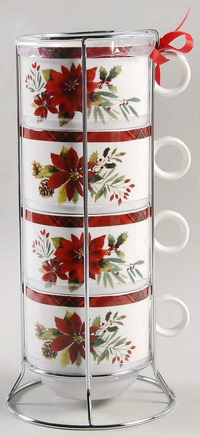 Plaid Poinsettia Stackable Mug - Set of 4 & Metal Holder by Grace's Teaware-1