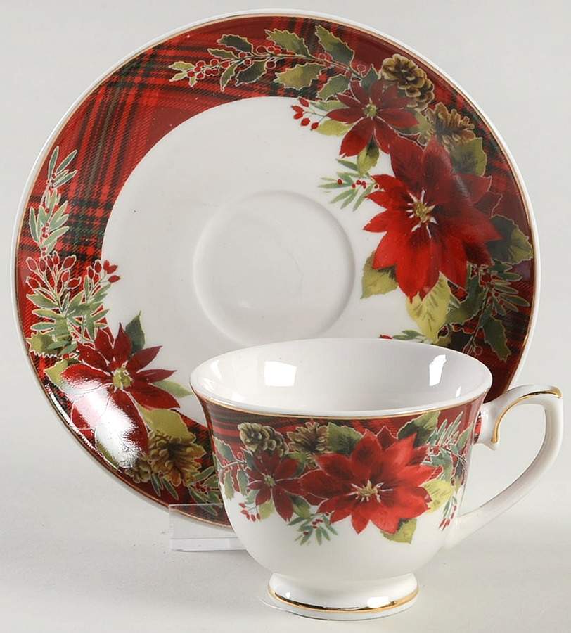 Plaid Poinsettia Footed Demitasse Cup & Saucer Set by Grace's Teaware-1