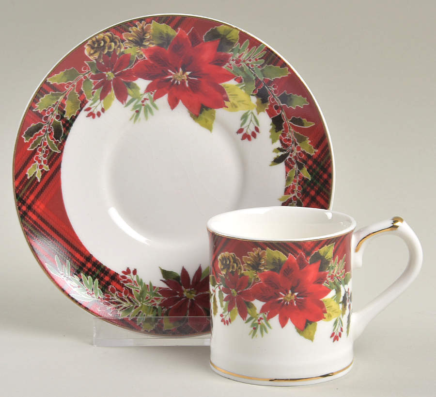 Plaid Poinsettia Flat Demitasse Cup & Saucer Set by Grace's Teaware-1