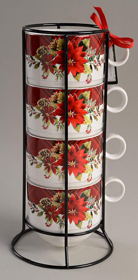 Plaid Poinsettia Stackable Mug - Set of 4 & Metal Rack by Grace's Teaware-1