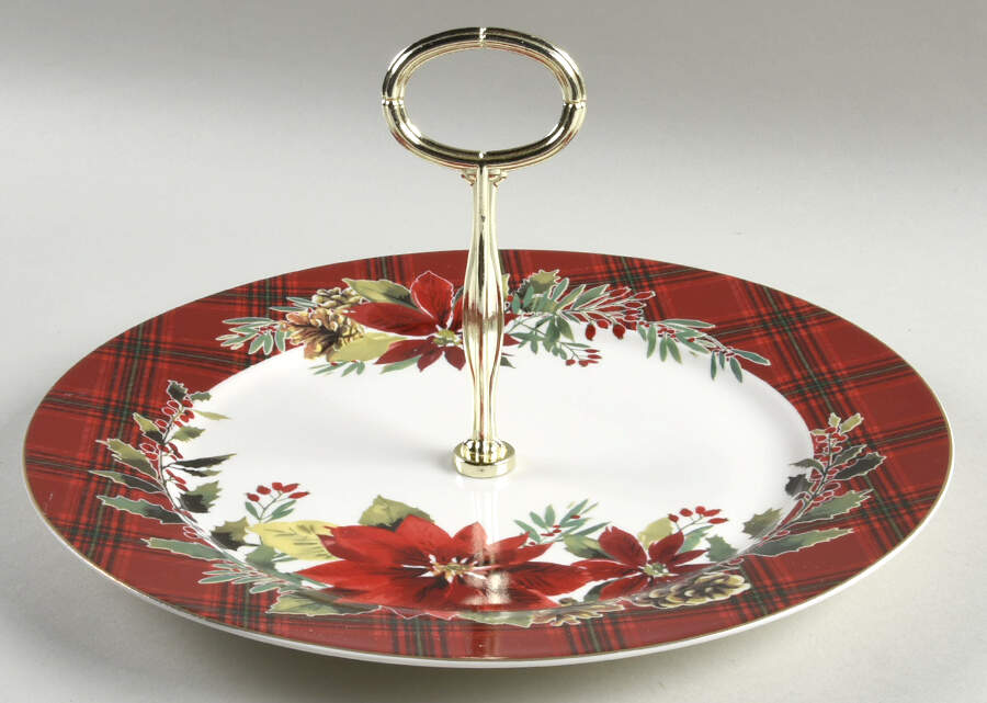 Plaid Poinsettia Round Serving Plate with Center Handle (Dp) Hc by Grace's Teaware-1