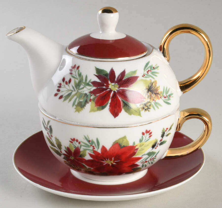 Plaid Poinsettia Individual Teapot & Lid with Cup & Saucer by Grace's Teaware-1