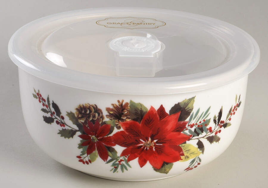 Plaid Poinsettia 6" Storage Bowl Ceramic with Plastic Lid by Grace's Teaware-1