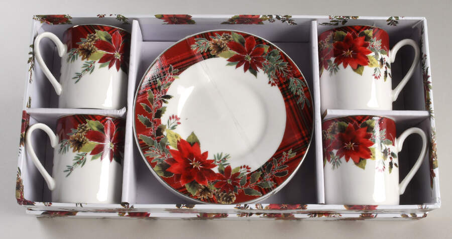 Plaid Poinsettia Flat Demitasse Cup & Saucer Set - Set of 4 by Grace's Teaware-1