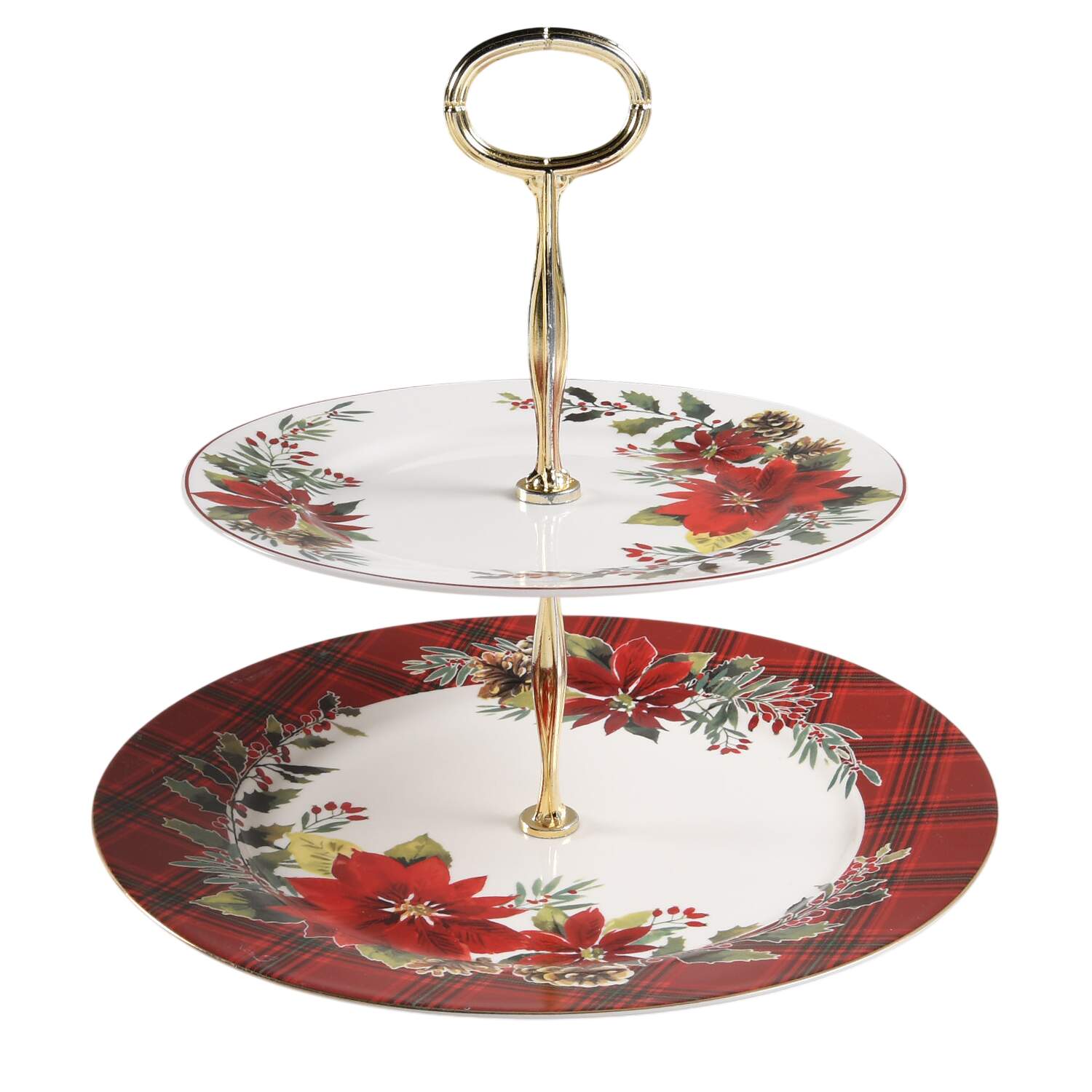 Plaid Poinsettia 6 5/8"-10"  2 Tiered Serving Tray (Dp, Sp) HC by Grace's Teaware-1