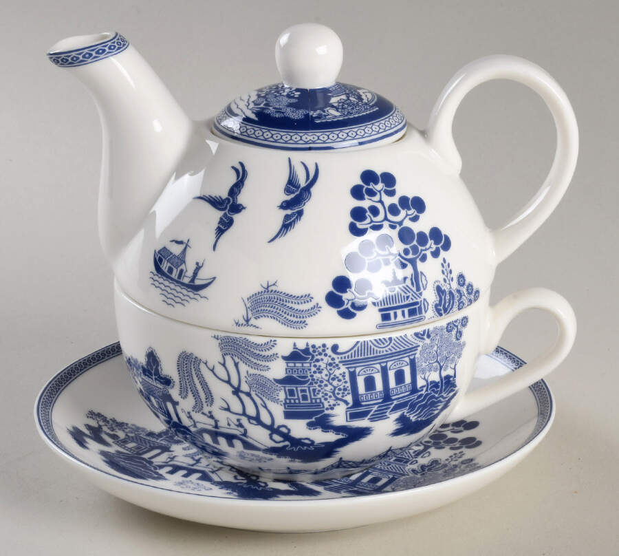 Blue Willow Tea for One (Stacking Teapot w/Cup & Saucer) by Grace's Teaware-1