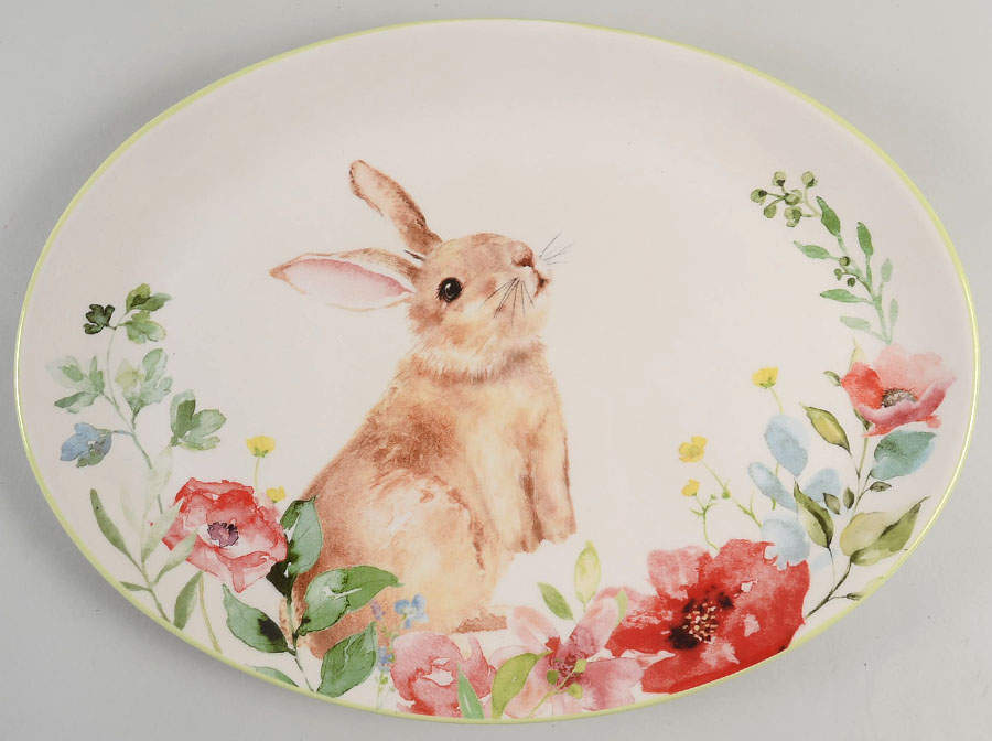 Floral Bunny 15" Oval Serving Platter by Grace's Teaware-1