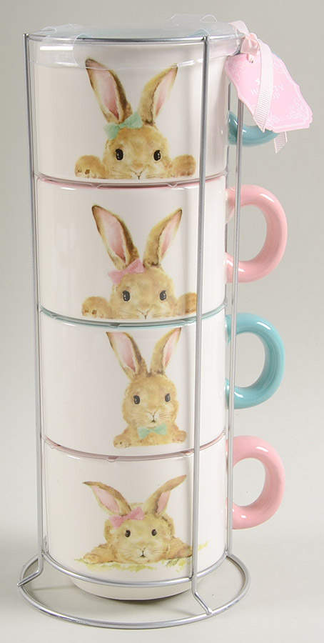 Peek a Boo Bunny Stackable Mug - Set of 4 & Metal Holder by Grace's Teaware-1