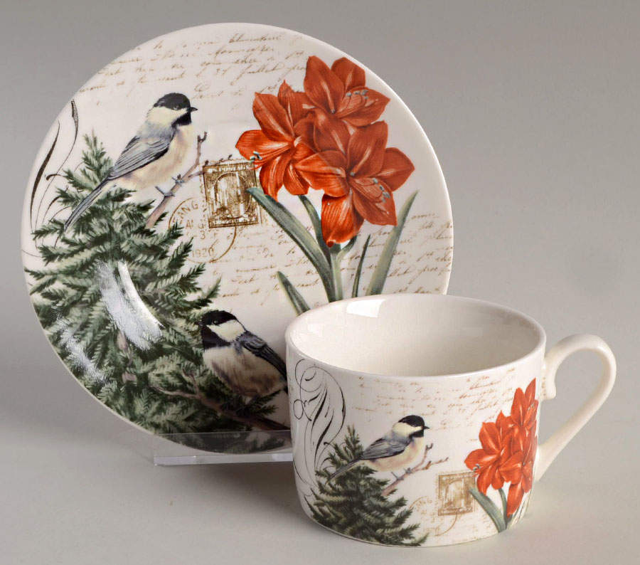 Winter Cheer Bird Flat Cup & Saucer Set by Grace's Teaware-1