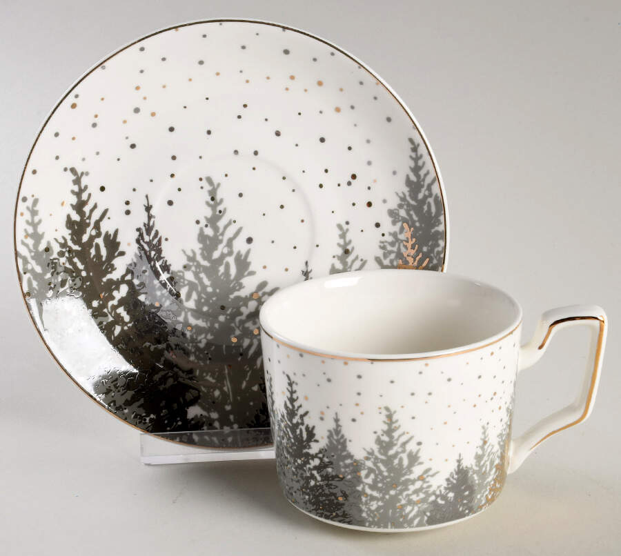 Black Grey Tree Flat Cup & Saucer Set by Grace's Teaware-1