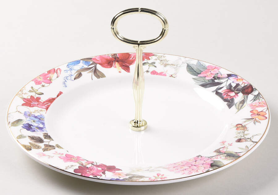 Pink Blue Garden Round Serving Plate with Center Handle (Dp) Hc by Grace's Teaware-1
