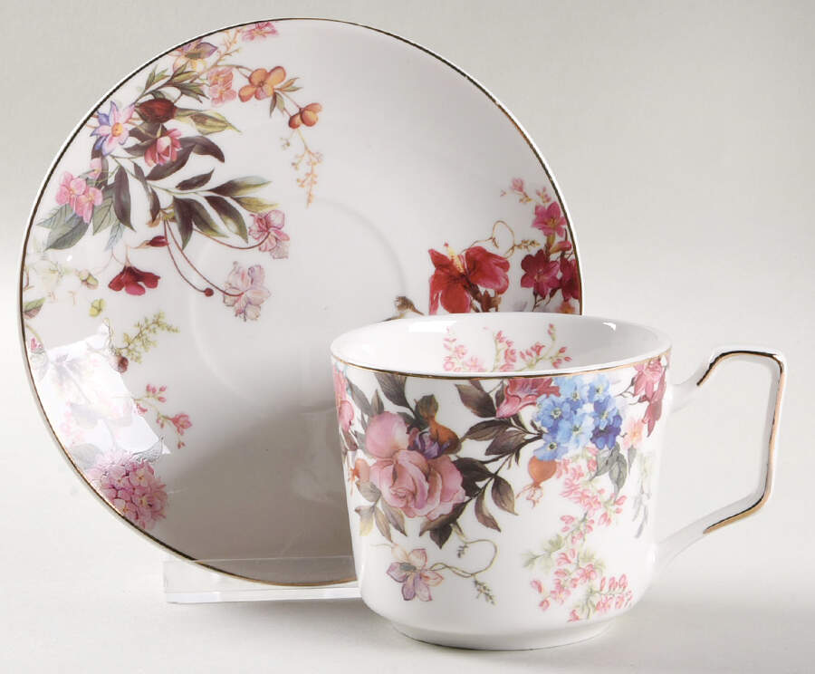 Pink Blue Garden Flat Cup & Saucer Set by Grace's Teaware-1