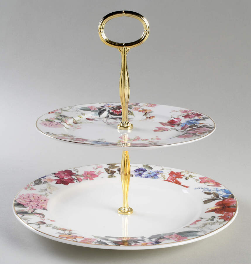 Pink Blue Garden 6 5/8"-10"  2 Tiered Serving Tray (Dp, Sp) HC by Grace's Teaware-1