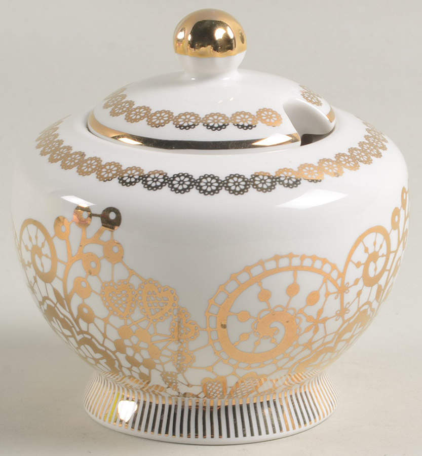 White Gold Lace Berry Sugar Bowl & Lid by Grace's Teaware-1