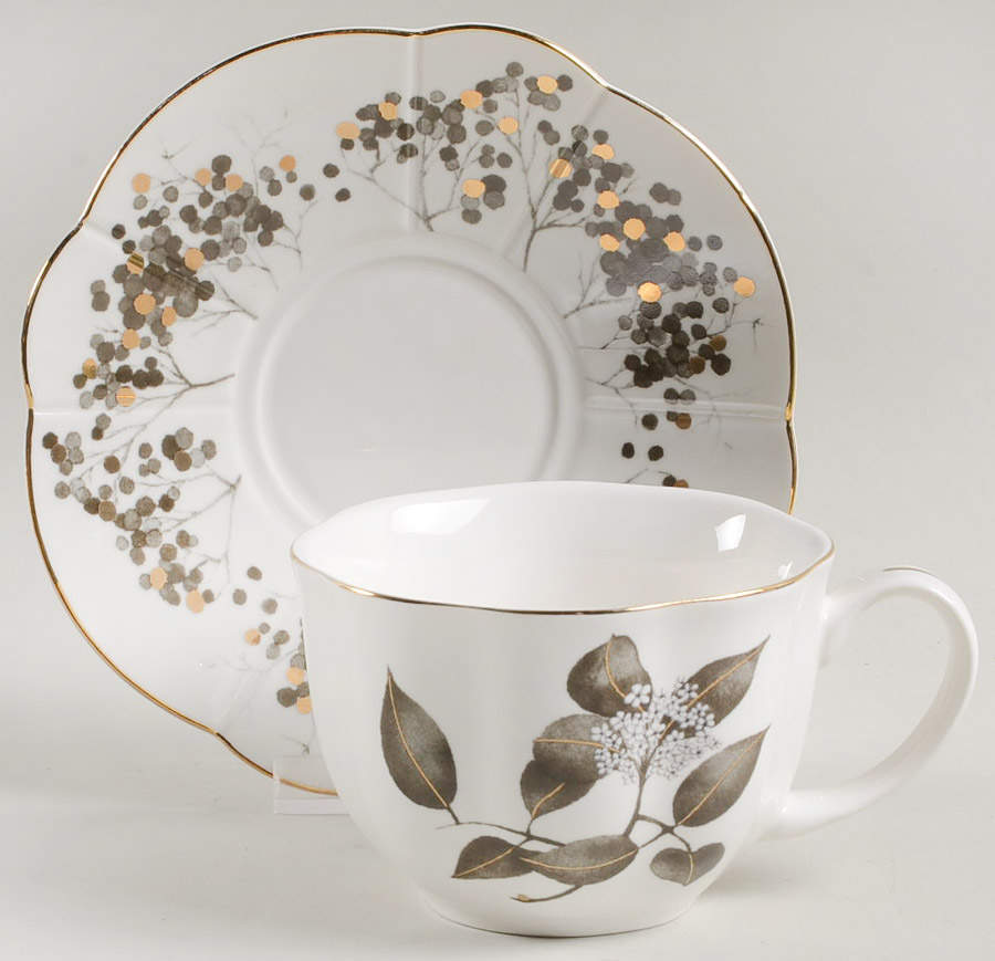 Metallic Black Leaves Flat Cup & Saucer Set by Grace's Teaware-1