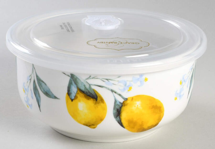 Organic Lemon 26 Oz Round Plastic Microwave Bowl & Vented Lid by Grace's Teaware-1