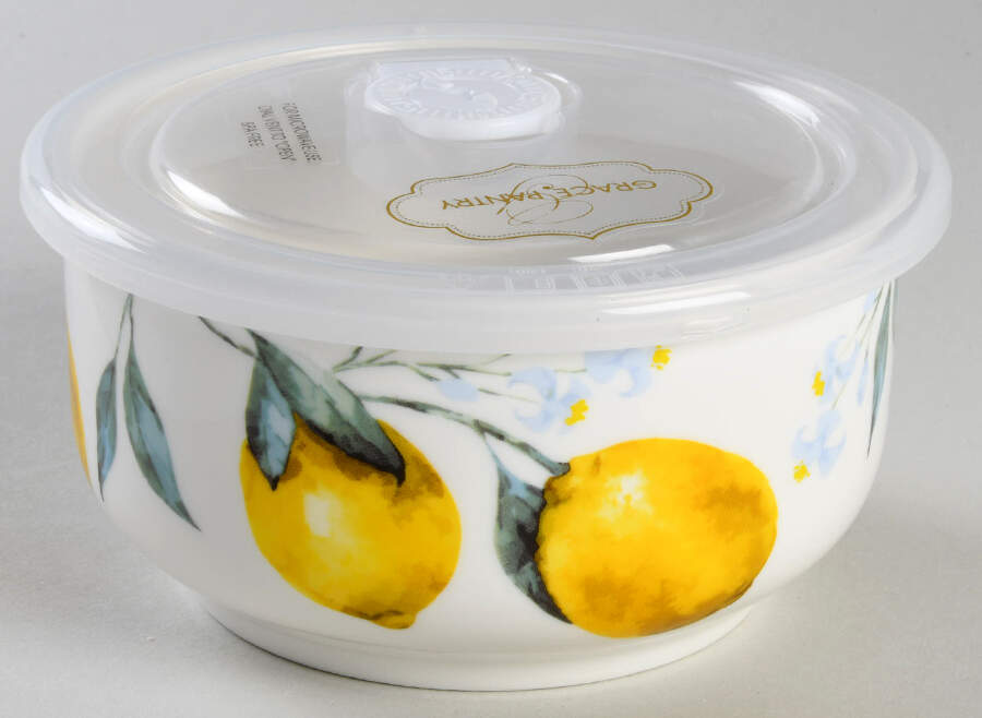 Organic Lemon 16 Oz Round Plastic Microwave Bowl w/Vent Lid by Grace's Teaware-1