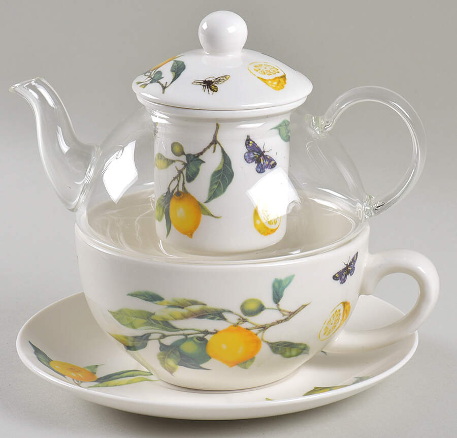 Lemon Bee Individual Teapot & Lid with Infuser, Cup & Saucer by Grace's Teaware-1