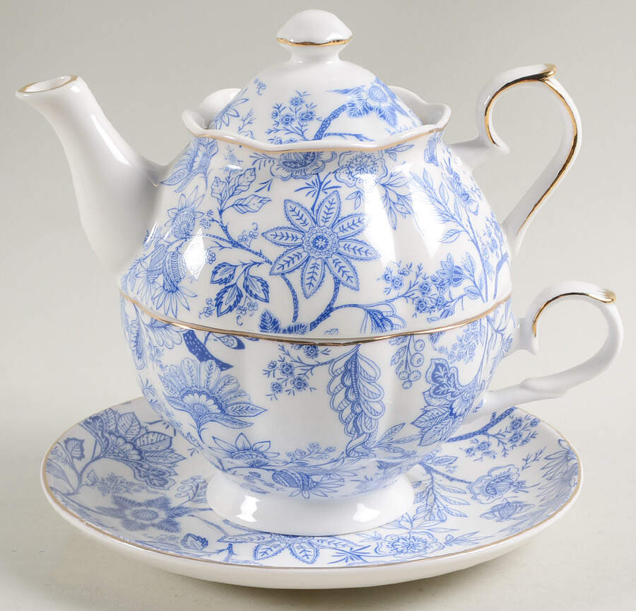 Blue Vine Individual Teapot & Lid with Cup & Saucer by Grace's Teaware-1