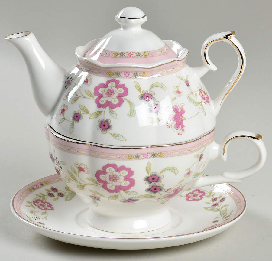 Corn Floral Pink Individual Teapot & Lid with Cup & Saucer by Grace's Teaware-1