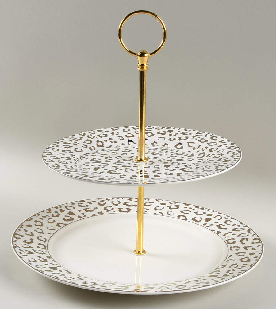 Leopard Gold 2 Tiered Serving Tray (Dinner & Salad Plate) by Grace's Teaware-1