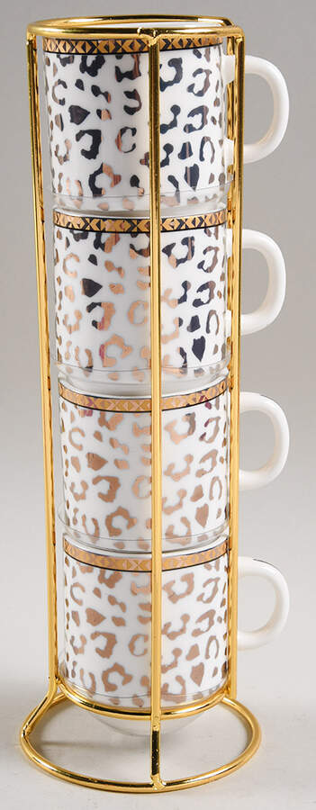 Leopard Gold Stackable Mug - Set of 4 & Metal Rack by Grace's Teaware-1