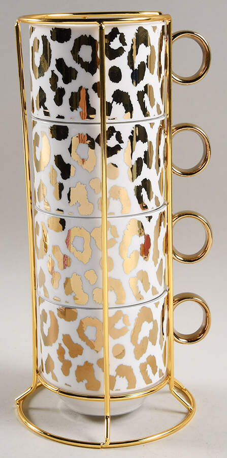 Leopard Gold Stackable Mug - Set of 4 & Metal Rack by Grace's Teaware-1