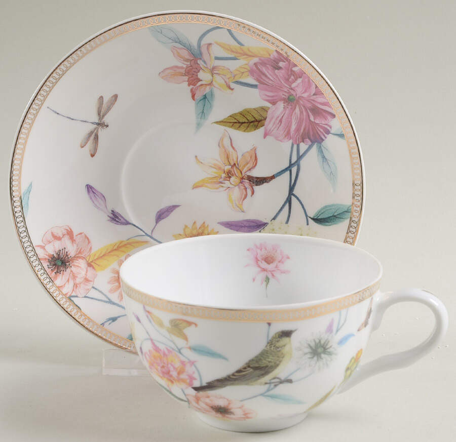 Daisy and Bird Flat Cup & Saucer Set by Grace's Teaware-1