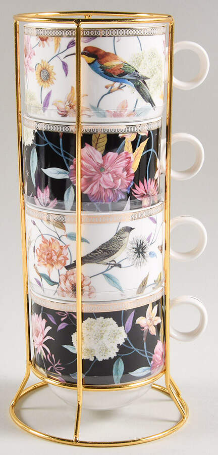 Daisy and Bird Stackable Mug - Set of 4 & Metal Holder by Grace's Teaware-1