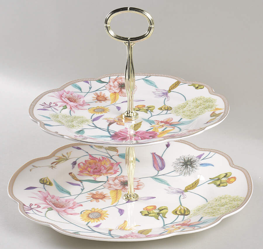 Daisy and Bird 6 5/8"-10"  2 Tiered Serving Tray (Dp, Sp) HC by Grace's Teaware-1