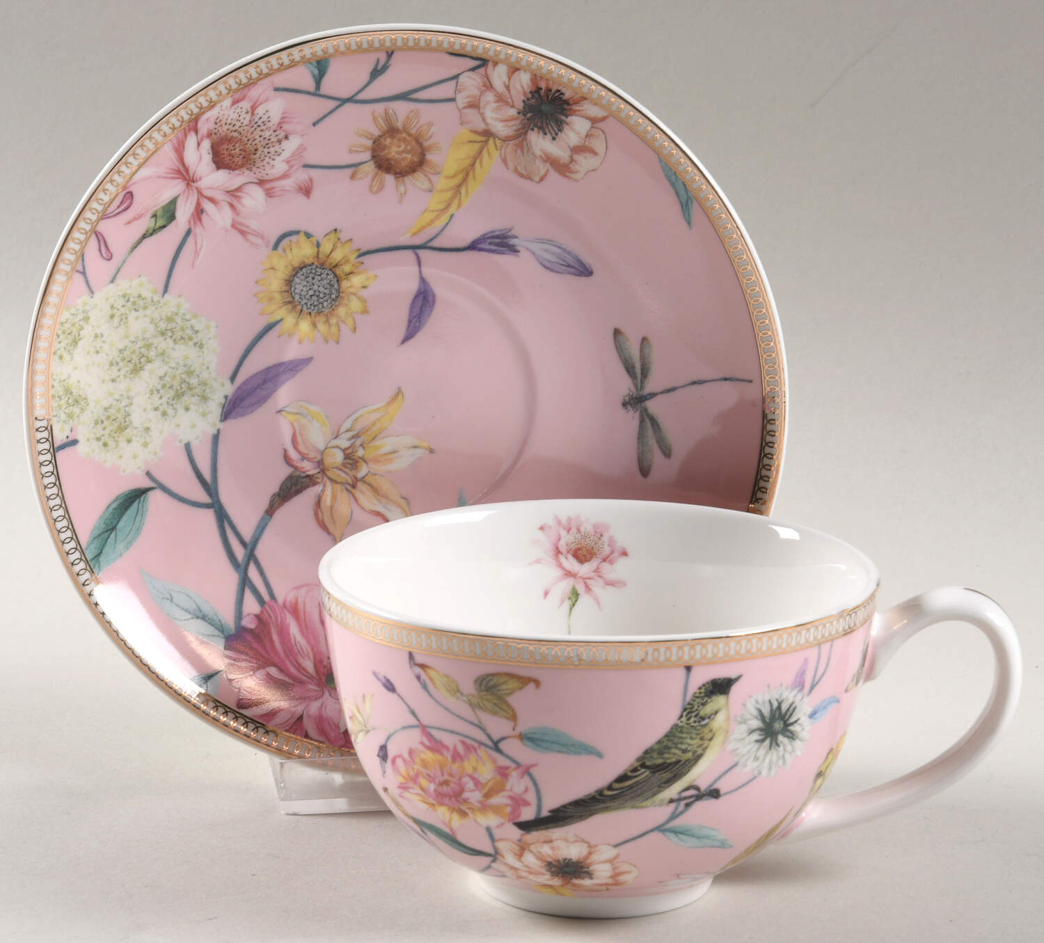 Daisy and Bird Flat Cup & Saucer Set by Grace's Teaware-1