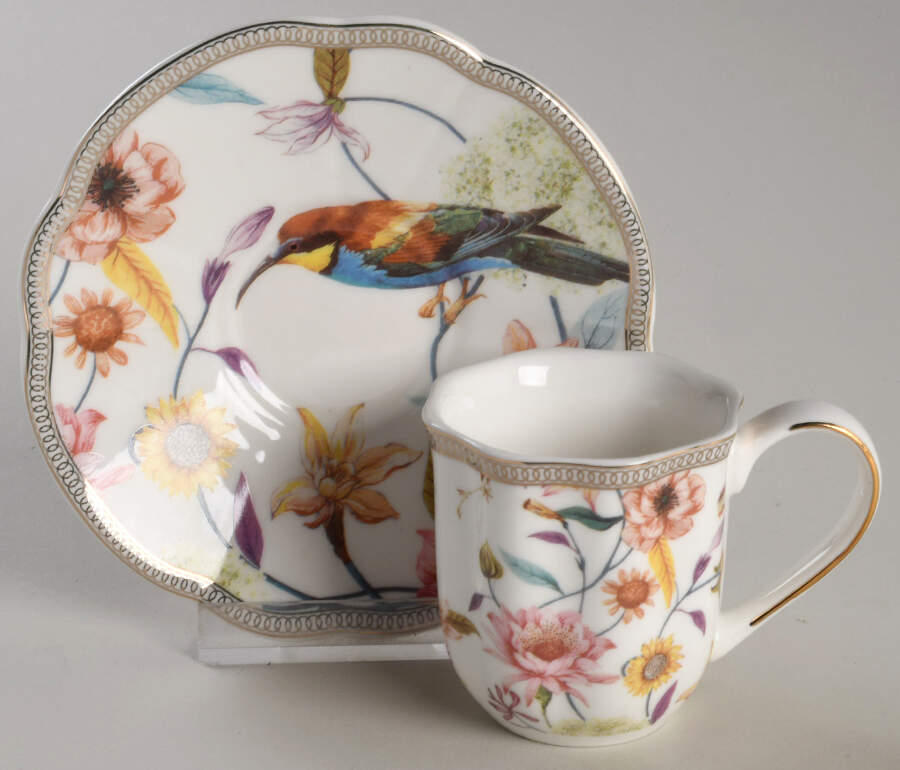 Daisy and Bird Flat Demitasse Cup & Saucer Set by Grace's Teaware-1