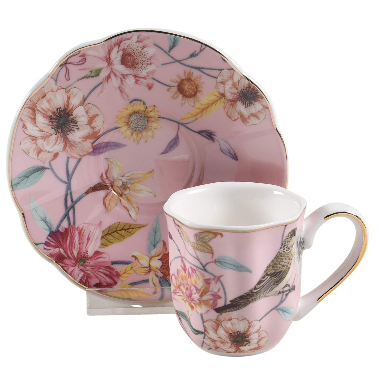 Daisy and Bird Flat Demitasse Cup & Saucer Set by Grace's Teaware-1