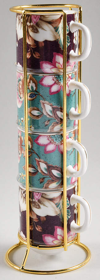 Peacock Lotus Garden Stackable Mug - Set of 4 & Metal Holder by Grace's Teaware-1