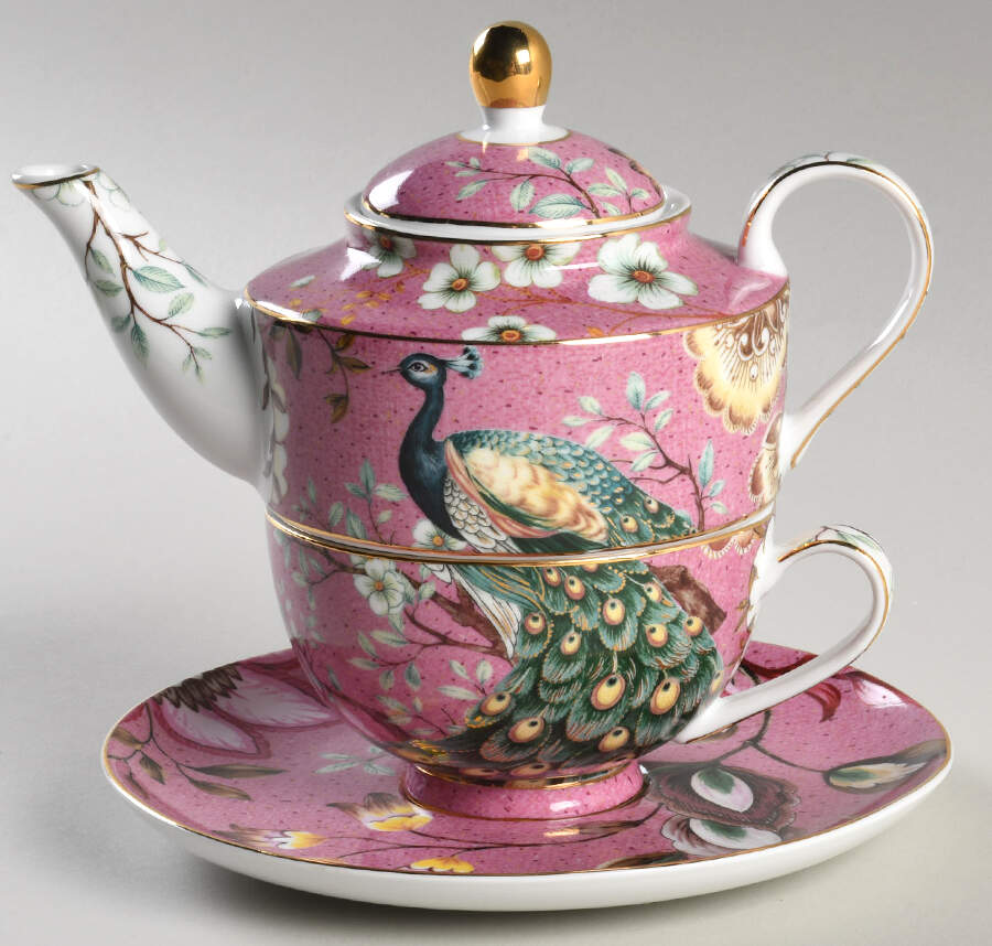 Peacock Lotus Garden Individual Teapot & Lid with Cup & Saucer by Grace's Teaware-1