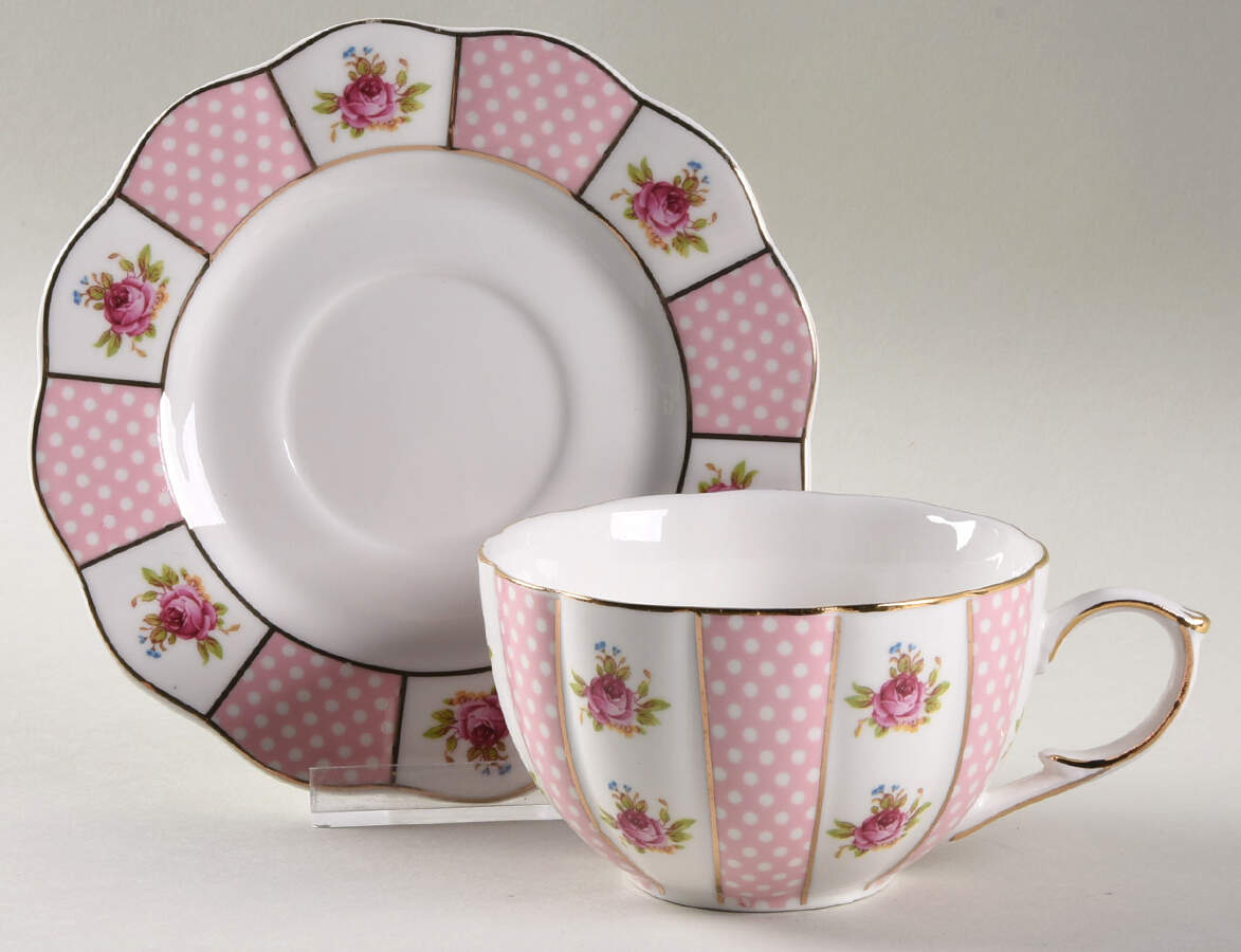 Pink Dots Rose Bud Flat Cup & Saucer Set by Grace's Teaware-1