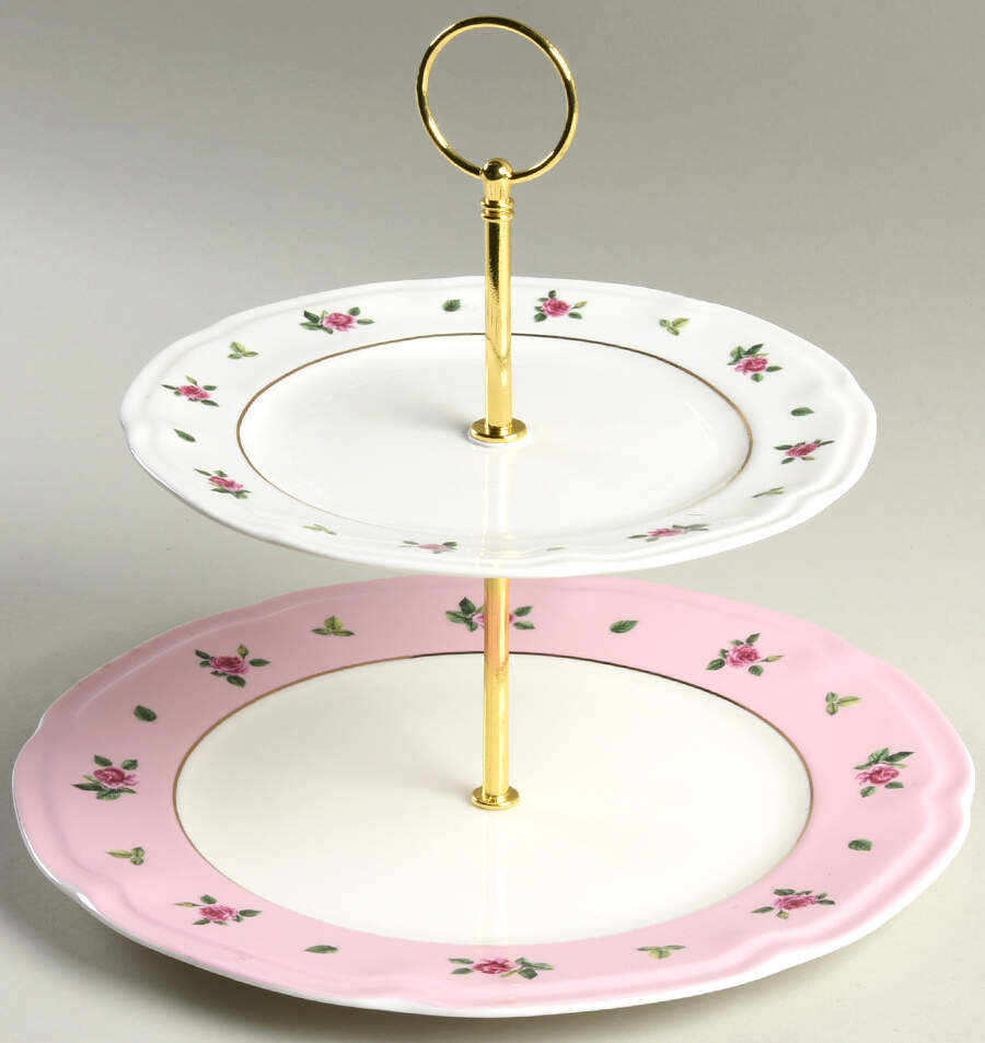 Pink Dots Rose Bud 2 Tiered Serving Tray (Dinner & Salad Plate) by Grace's Teaware-1