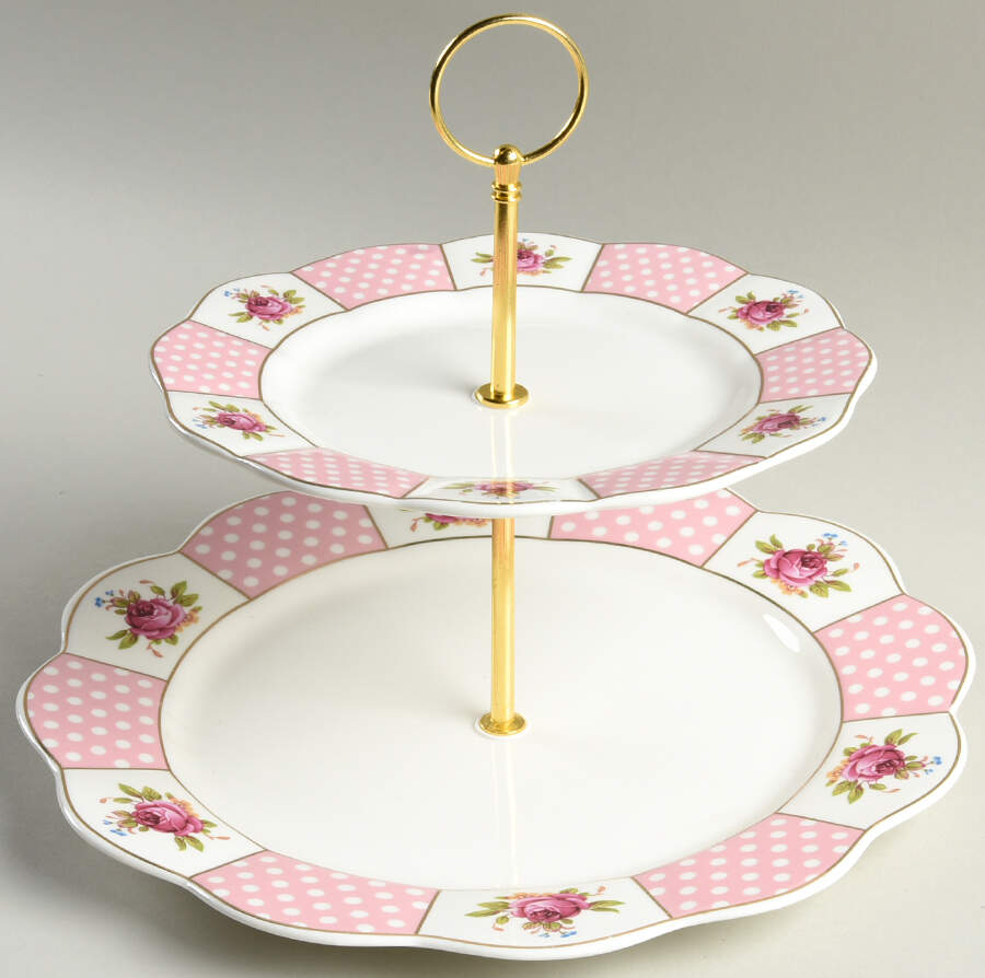 Pink Dots Rose Bud 2 Tiered Serving Tray (Dinner & Salad Plate) by Grace's Teaware-1
