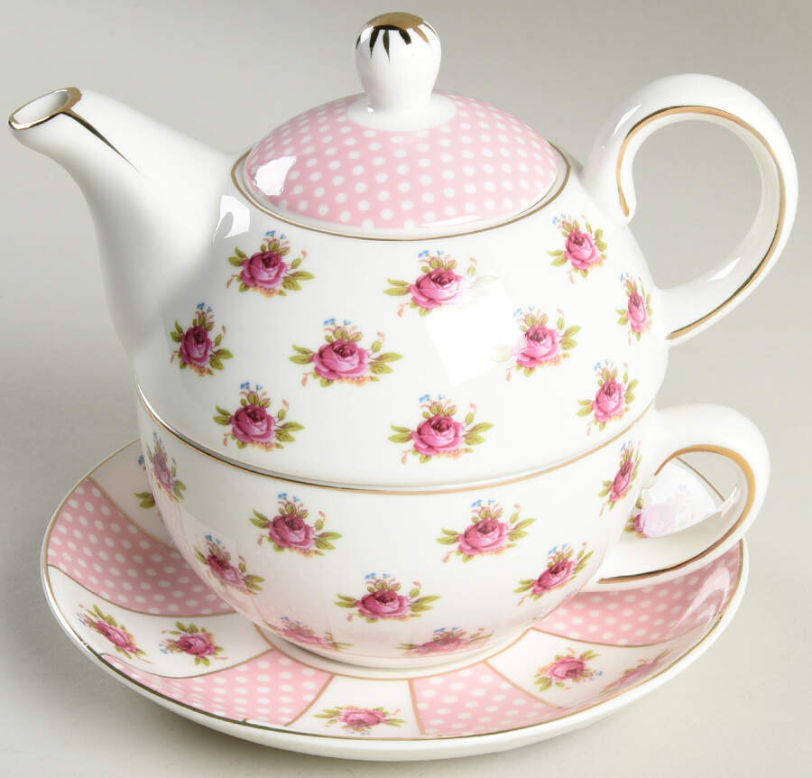Pink Dots Rose Bud Tea for One (Stacking Teapot w/Cup & Saucer) by Grace's Teaware-1